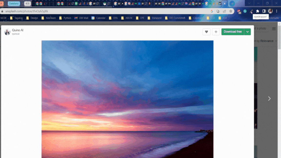 gif where user selects a blue color on an image of a sunset and retrieves the hex code with a browser extension