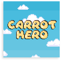 blue sky with pixel clouds with the words 'carrot hero' written in golden pixel font