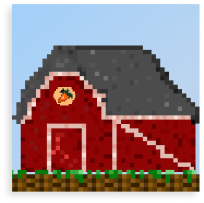 blue background with a pixelated barn with a carrot emblem on top of a pixel grass