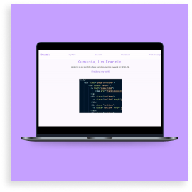 laptop on frannie's website in front of a purple background