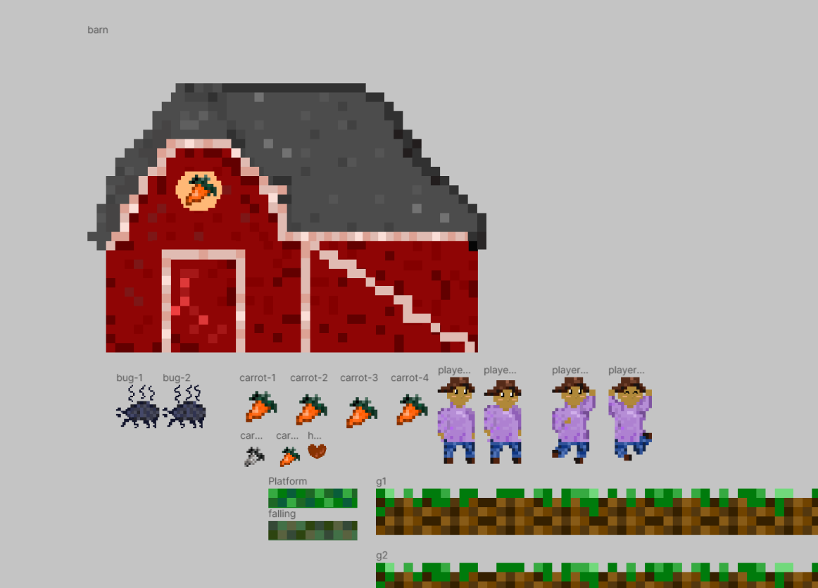 figma file showing frames of pixel art, including a barn, farmer, grass, and a stink bug