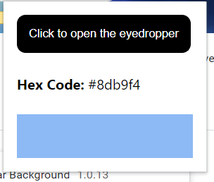 overlay with black button with text, 'Click to open the eyedropper' and a blue rectangle at the bottom