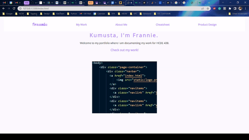 typewriter animation on a website that reads, 'Kumusta, I'm Frannie.'